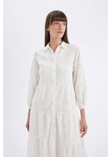 Gömlek Yaka Vual Brode Yarım Kol Maxi Beyaz Elbise fırsatları