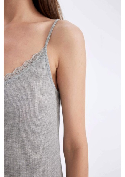Regular Fit V Yaka Ribana Askılı Gecelik-Fall in Love D0648AX24HS