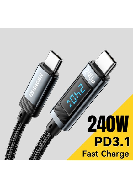 240W Dijital Ekran Hızlı Şarj Veri Kablosu 1m Type C'den Type C'ye Şarj Kablosu (Yurt Dışından)