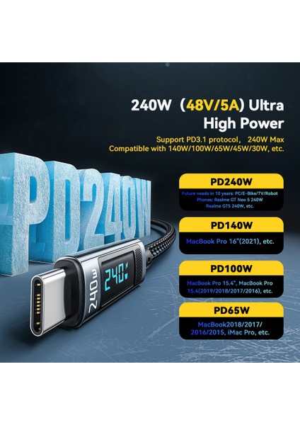 240W Dijital Ekran Hızlı Şarj Veri Kablosu 1m Type C'den Type C'ye Şarj Kablosu (Yurt Dışından)