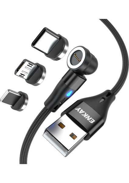 Seashell Digital 2m Dirsek Manyetik Hızlı Şarj Kablosu 3'ü 1 Arada 3A Usb'den 8 Pimli Tip C Mikro USB Veri Kablosu Gösterge Işıklı (Yurt Dışından)