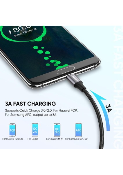 3 M 3A Maksimum Hızlı Şarj Usb2.0 Tip C 480 Mbps Veri Kablosu Alüminyum Kabuk Naylon Örgülü Kablo (Yurt Dışından)