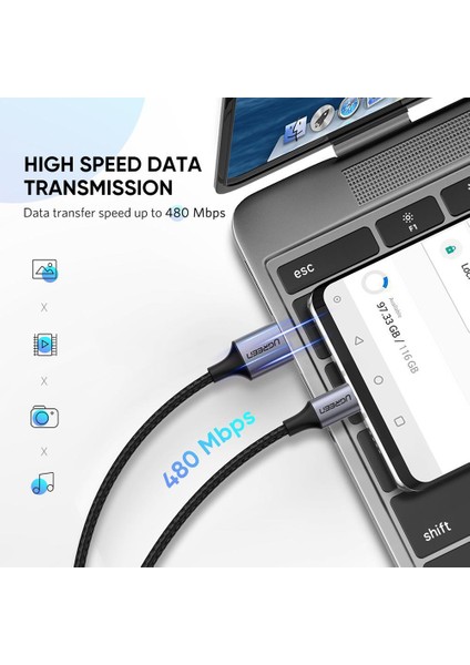 3 M 3A Maksimum Hızlı Şarj Usb2.0 Tip C 480 Mbps Veri Kablosu Alüminyum Kabuk Naylon Örgülü Kablo (Yurt Dışından)