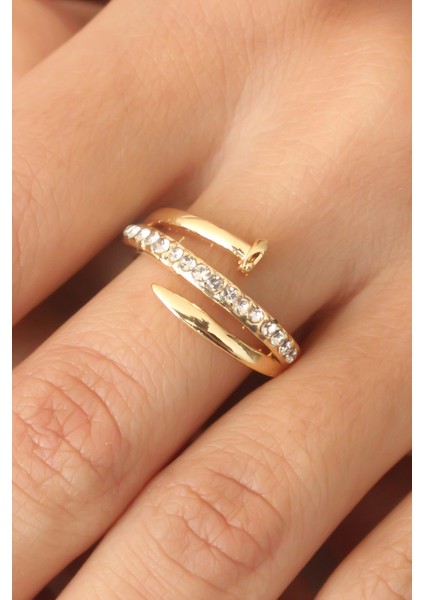 Gold Renk Taşlı Çivi Ayarlanabilir Kadın Yüzük