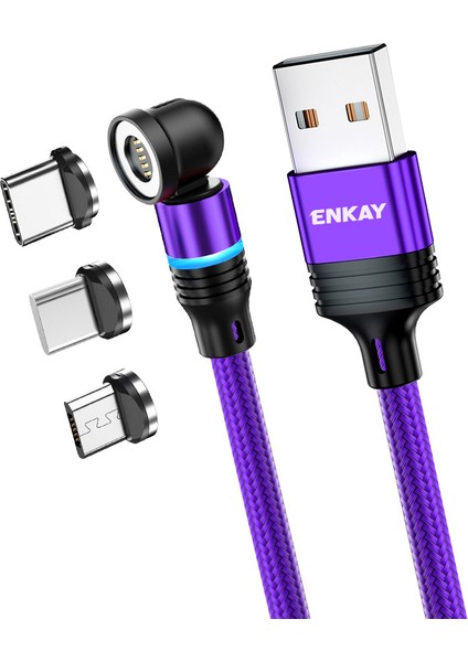 2m Manyetik Telefon Şarj Kablosu 3A Usb'den Ip'ye/tip-C/mikro USB Naylon Örgülü Veri Kablosu, LED Işıklı-Mor (Yurt Dışından)
