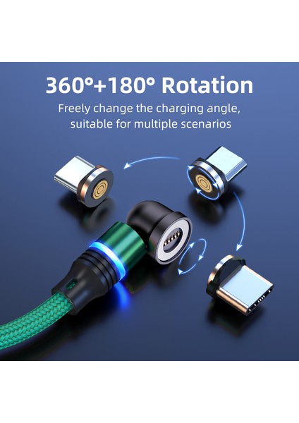 2m Manyetik Telefon Şarj Kablosu 3A Usb'den Ip'ye/tip-C/mikro USB Naylon Örgülü Veri Kablosu, LED Işıklı-Mor (Yurt Dışından)