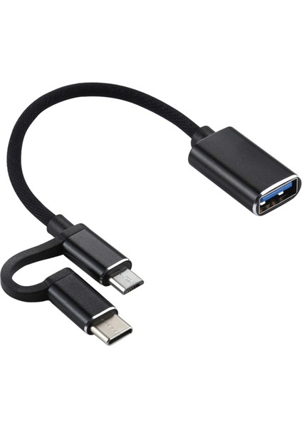 USB 3.0 Dişi Otg Adaptör 2'si 1 Arada Mikro USB + Tip C Erkek Naylon Örgülü Şarj Kablosu Veri Kablosu-Siyah (Yurt Dışından)