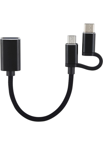 USB 3.0 Dişi Otg Adaptör 2'si 1 Arada Mikro USB + Tip C Erkek Naylon Örgülü Şarj Kablosu Veri Kablosu-Siyah (Yurt Dışından)