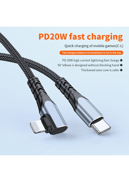 A6 Pd 20W Hızlı Şarj Kablosu 90 Derece Dirsek Tip-C-Yıldırım Örgülü Cep Telefonu Kablosu Veri Iletim Kablosu, 2m-Gri (Yurt Dışından) fiyatları