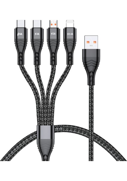 1,2 M 4'ü 1 Arada 66 W Usb'den 8pin+Mikro Usb+Çift Tip-C Çok Çıkışlı Hızlı Şarj Şarj Kablosu-Siyah (Yurt Dışından)