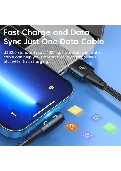 Usb-A-Lightning Dik Açılı Şarj Veri Kablosu, 2,4A, 2m-Siyah (Yurt Dışından) indirimleri