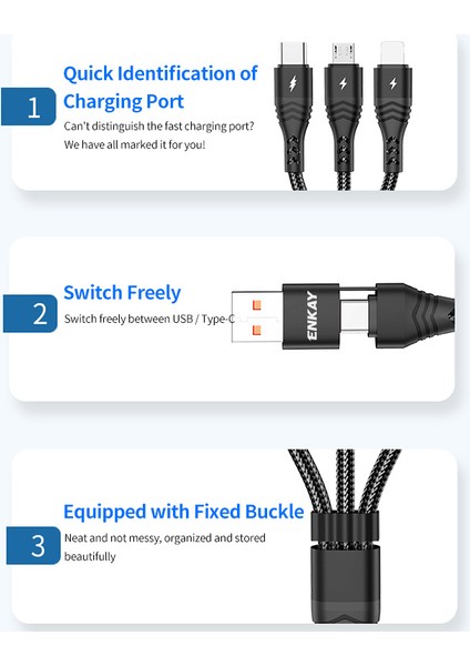 5A Hızlı Şarj Kablosu Type-C/usb'den Ip'ye/type-C/mikro USB Şarj Kablosu, 1,2 M-Siyah (Yurt Dışından)