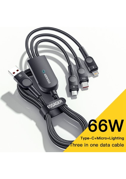 1,2 M 3'ü 1 Arada Mikro/tip-C/lightning Veri Kablosu 66W Hızlı Şarj Kablosu-Siyah (Yurt Dışından)