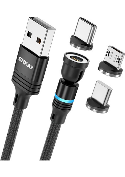 1m Dönüşlü Manyetik Kablo 3A Usb'den Ip'ye/tip-C/mikro USB Veri Kablosu, LED Işıklı-Siyah (Yurt Dışından)
