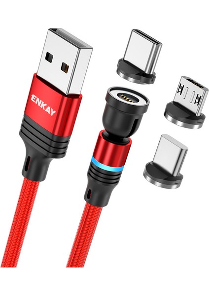 1m Döndürülebilir Manyetik Kablo 3A Usb'den Ip'ye/tip-C/mikro USB Veri Kablosu, LED Işıklı-Kırmızı (Yurt Dışından)