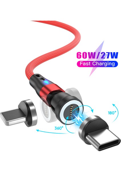 1m Pd 60W Manyetik Şarj Kablosu 2'si 1 Arada Tip-C-8 Pim + Tip-C Veri Aktarım Kablosu, LED Işıklı-Kırmızı (Yurt Dışından)