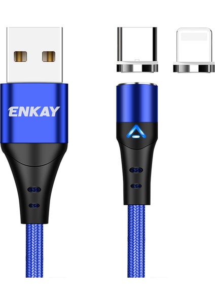 2m Manyetik Şarj Kablosu 2'si 1 Arada 3A Hızlı Şarj Usb'den 8 Pim'e + Type-C Veri Kablosu-Mavi (Yurt Dışından)