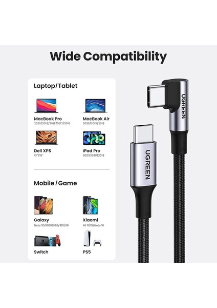 iPhone 15 Serisi için 2 M USB C Kablosu 100 W Pd Hızlı Şarj Kablosu Tip-C Erkek-Tip-C Erkek 90 Derece Dirsek Veri Kablosu (Yurt Dışından)