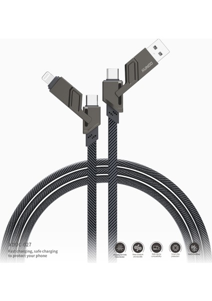 1,5 M Usb+Type-C+Ip+Mikro USB Şarj Kablosu Kablosu-Siyah (Yurt Dışından)