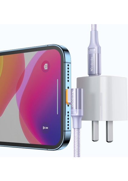 iPhone için 1,2 M Tip-C-Yıldırım Şarj Kablosu Dirsek Tasarımı Pd Hızlı Şarj Akıllı Şarj Tanımlama Naylon Örgülü Kablo-Mor (Yurt Dışından)