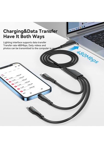 1,2 M 3'ü 1 Arada Şarj Kablosu 3A Usb'den Mikro Usb'ye, Type-C, Iphone, iPad Veri Kablosu için (Yurt Dışından)