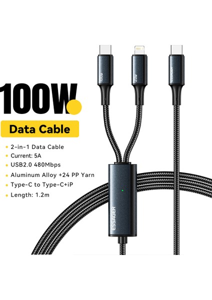 100W 2'si 1 Arada 1,2 M Hızlı Şarj Veri Kablosu Tip-C'den Tip-C'ye + Gösterge Işığı ile Ip Şarj Kablosu-Mavi (Yurt Dışından) indirimleri