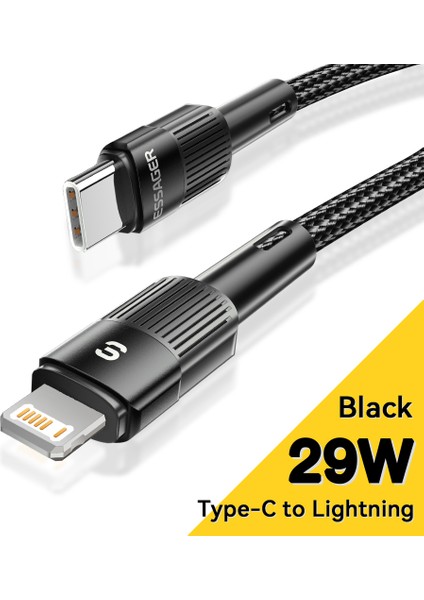 2m Pd 29W Naylon Tip-C-Ip Şarj Kablosu 3A Hızlı Şarj 480MBPS Veri Aktarım Kablosu-Siyah (Yurt Dışından)