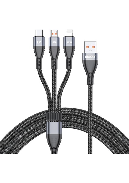 3'ü 1 Arada Usb'den Ip'ye/tip-C/mikro USB Hızlı Şarj Kablosu, Naylon Örgülü 1,2 M 6A Cep Telefonu Kablosu-Gri (Yurt Dışından)