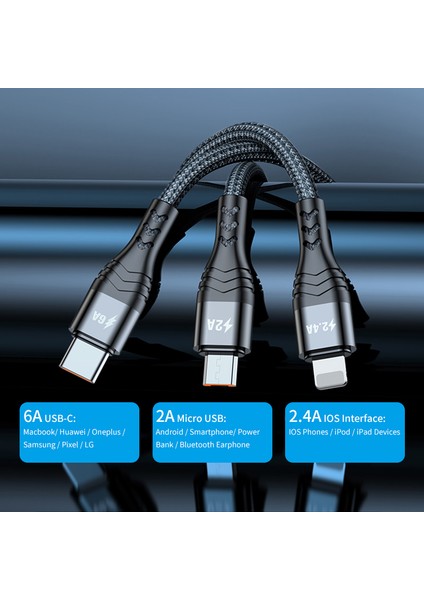 3'ü 1 Arada Usb'den Ip'ye/tip-C/mikro USB Hızlı Şarj Kablosu, Naylon Örgülü 1,2 M 6A Cep Telefonu Kablosu-Gri (Yurt Dışından)