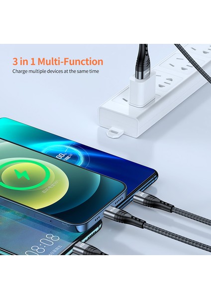 3'ü 1 Arada Usb'den Ip'ye/tip-C/mikro USB Hızlı Şarj Kablosu, Naylon Örgülü 1,2 M 6A Cep Telefonu Kablosu-Gri (Yurt Dışından)