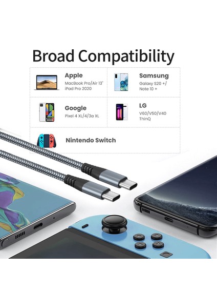 iPhone 15 Serisi için 2m Type-C-Type-C Pd 60W Şarj Kablosu Naylon Örgülü Usb2.0 Cep Telefonları, Tabletler, Dizüstü Bilgisayarlar için Şarj Veri Kablosu-Gri (Yurt Dışından)