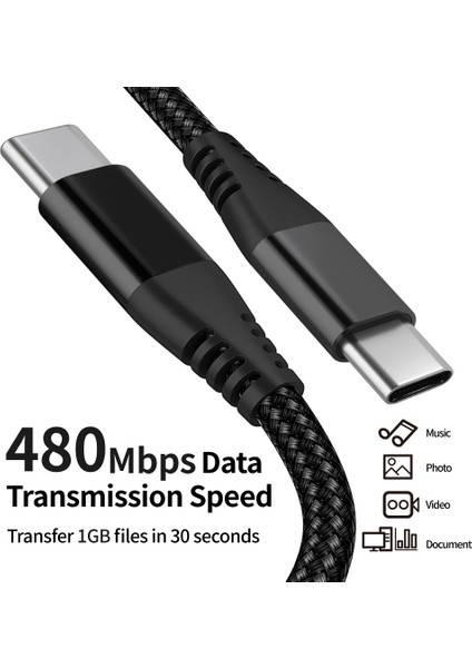 iPhone 15 Serisi için 2m Type-C-Type-C Pd 60W Şarj Kablosu Naylon Örgülü Usb2.0 Cep Telefonları, Tabletler, Dizüstü Bilgisayarlar için Şarj Veri Kablosu-Gri (Yurt Dışından)