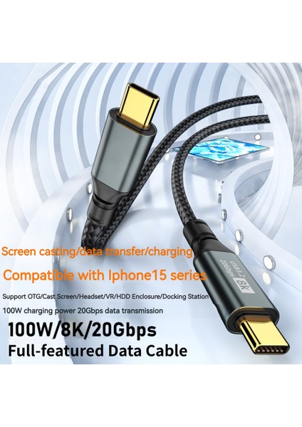 2m Usb3.2 20GBPS Type-C-Type-C Veri Kablosu 8k Senkronizasyon Ekranı 100W iPhone 15 Serisi için Şarj Kablosu (Yurt Dışından)