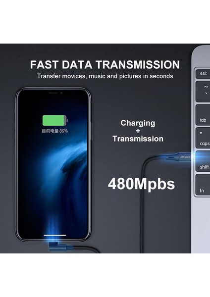 1m Type-C'den Dirsek Lightning Pd 20W 3A Telefon Hızlı Şarj Kablosu Naylon Örgülü Veri Kablosu-Siyah (Yurt Dışından) modelleri