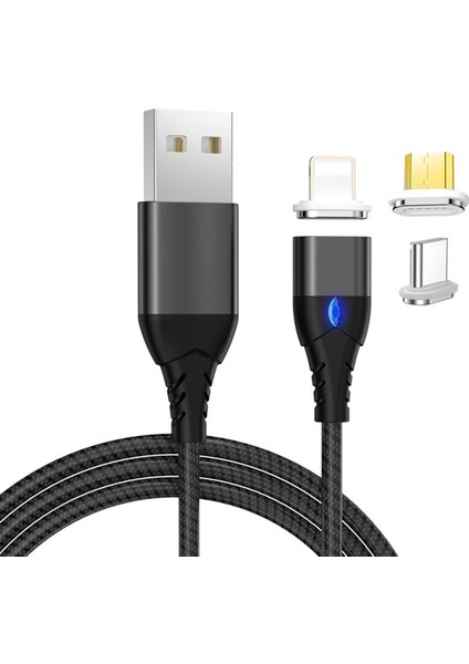 3 Manyetik Konnektörlü Örgülü Kablo USB Senkronizasyon Şarj Kablosu Yıldırım ve Amp; Mikro USB ve Tip-C-Siyah (Yurt Dışından)