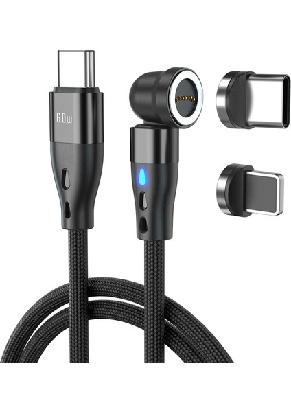 1m Pd 60W Manyetik Şarj Kablosu 2'si 1 Arada Tip-C-8 Pim + Tip-C Veri Aktarım Kablosu, LED Işıklı-Siyah (Yurt Dışından)