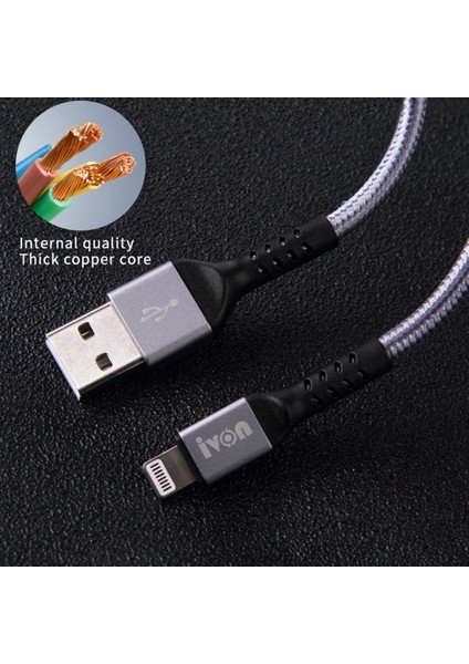 iPhone 2.1A Hızlı Şarj Aleti Veri Aktarım Kablosu için 1m Usb'den Yıldırıma 8 Pinli Şarj Kablosu Örgülü Tasarım-Gri (Yurt Dışından)