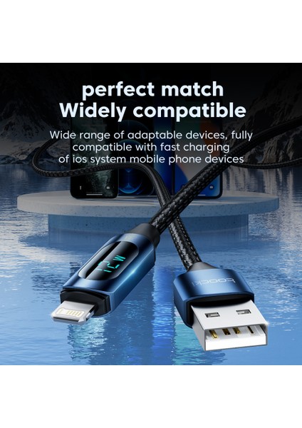 2,4A 1m Usb-A-Lightning Şarj Kablosu Dijital Ekran Örgülü Veri Kablosu-Kahverengi (Yurt Dışından)