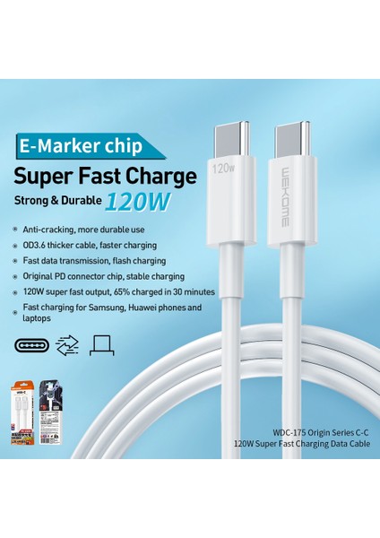 iPhone 15 Serisi C-C WDC-175 için Serisi 1,2m 120W Süper Hızlı Şarj Kablosu Type-C-Type-C 480MBPS Veri Kablosu (Yurt Dışından)