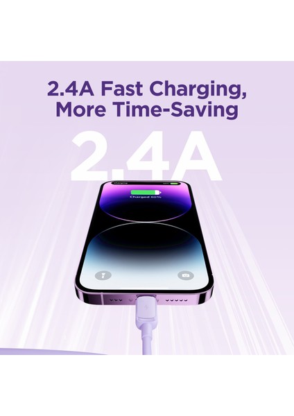 Çok Renkli Seri 1,2m 2,4A Hızlı Şarj Usb-A-Lightning Kablosu Tpe Veri Kablosu-Mor (Yurt Dışından)
