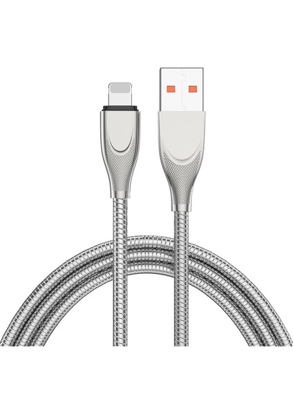 2m 2,4A Usb-A-Yaylı Karbon Çelik Hortumlu Yıldırım Hızlı Şarj Veri Kablosu-Gümüş (Yurt Dışından)