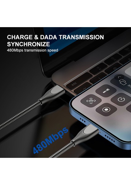 2m 2,4A Usb-A-Yaylı Karbon Çelik Hortumlu Yıldırım Hızlı Şarj Veri Kablosu-Gümüş (Yurt Dışından)