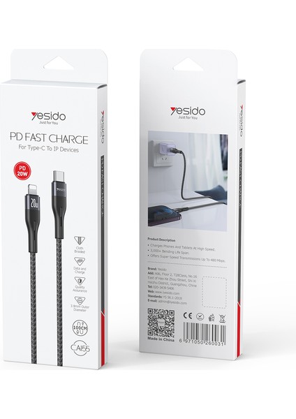 Pd 20W Şarj Kablosu Usb-C-Iphone, iPad için Yıldırım Örgülü Veri Kablosu (Yurt Dışından)
