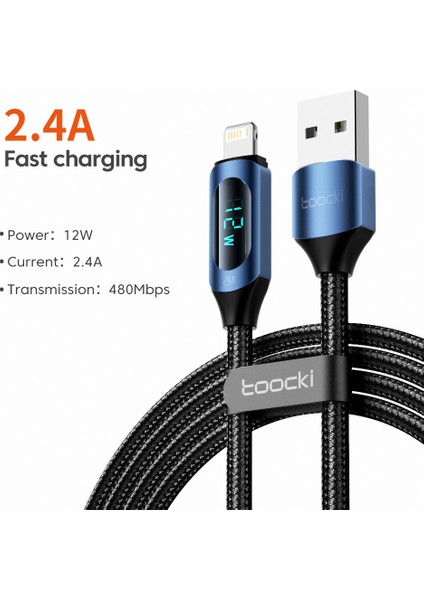 Usb-A-Lightning Dijital Ekran Veri Kablosu 2,4A 2 Metre Örgülü Şarj Kablosu-Mavi (Yurt Dışından)