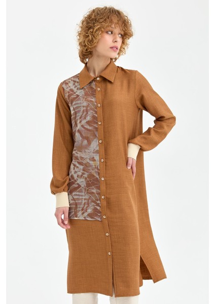 File Detaylı Uzun Tunik Camel