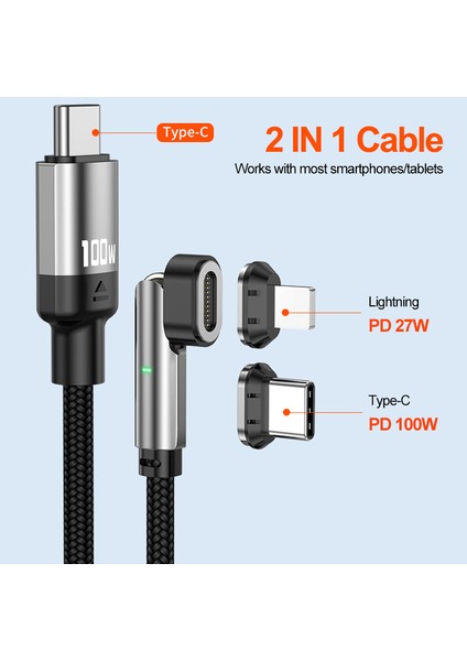 2 M 180 Derece Dönüşlü Usb-C'den Tip C/ip'ye 2'si 1 Arada Pd 100W/27W Manyetik Şarj Kablosu (Yurt Dışından)