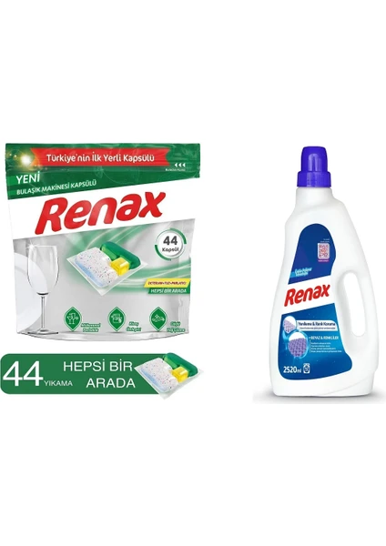 Renax 2'li Set (Bulaşık Makine Kapsülü 44' Lü.- Sıvı Çamaş. Deter. Beyaz Renkli 2520 Ml)