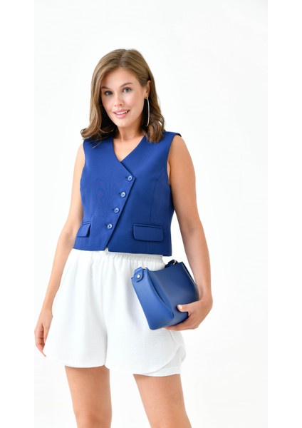 Lacivert Cep Detaylı Asimetrik Kesim Yelek