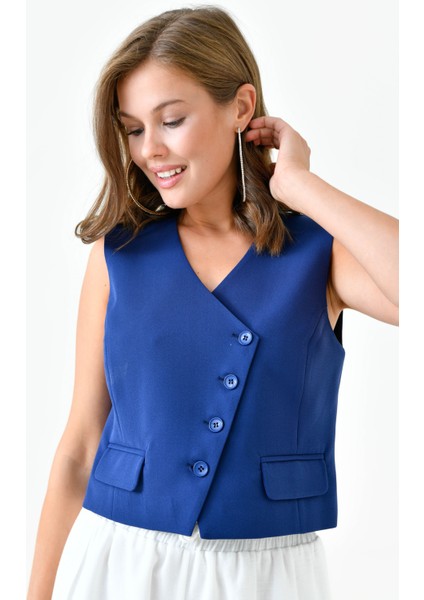 Lacivert Cep Detaylı Asimetrik Kesim Yelek modelleri