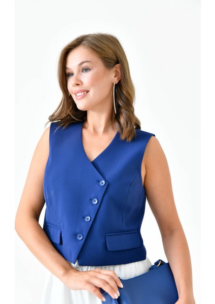 Lacivert Cep Detaylı Asimetrik Kesim Yelek fırsatları